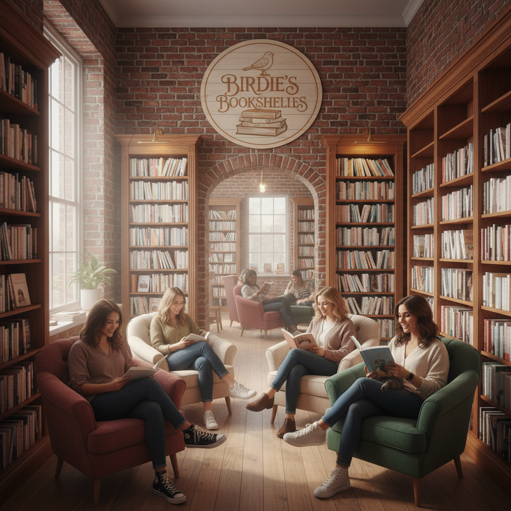 The warm and cozy interior of Birdie's Bookshelves filled with happy readers